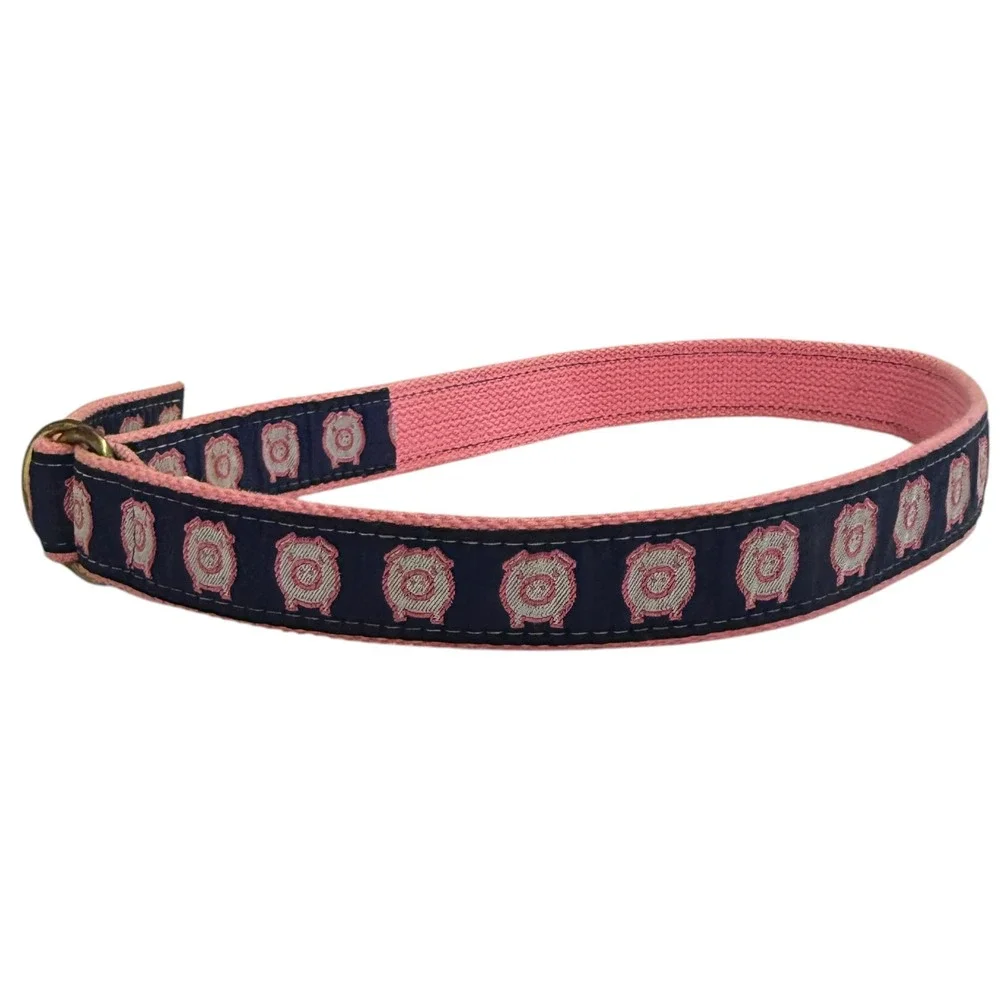 Leather Man Ltd D-Ring Belt Womens S Navy Pink‎ Pig Embroidered Excellent Preppy
